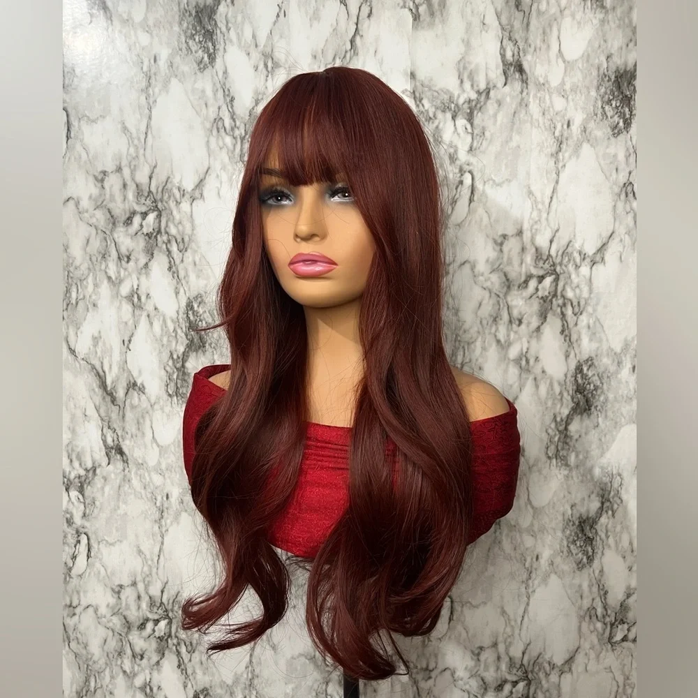 Long Wine Red Wig with Bangs Wavy Layered Synthetic Wig